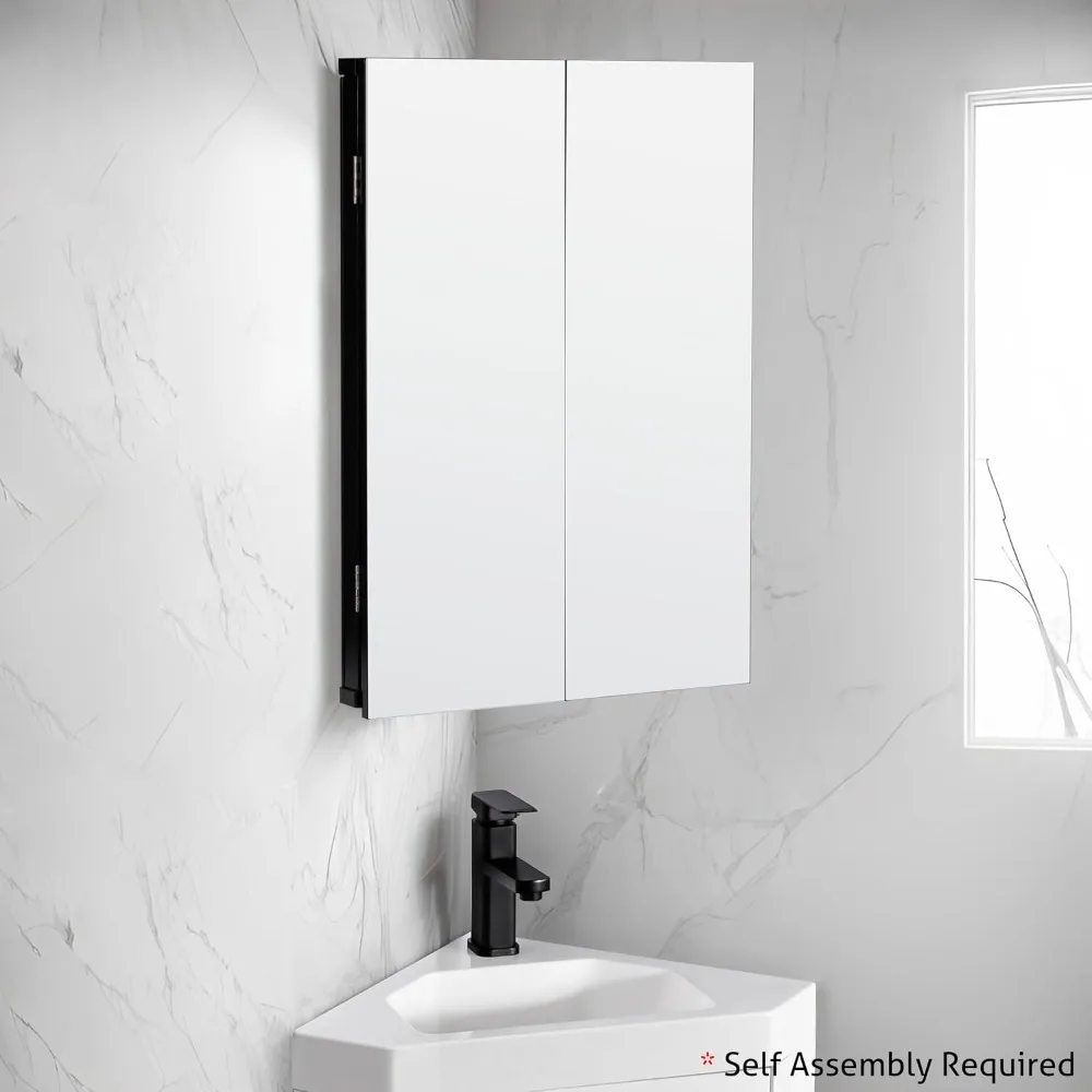 خزانة أدوية مثبتة على الحائط مع مرآة وأرفف ثلاثية للحمام باللون الأسود