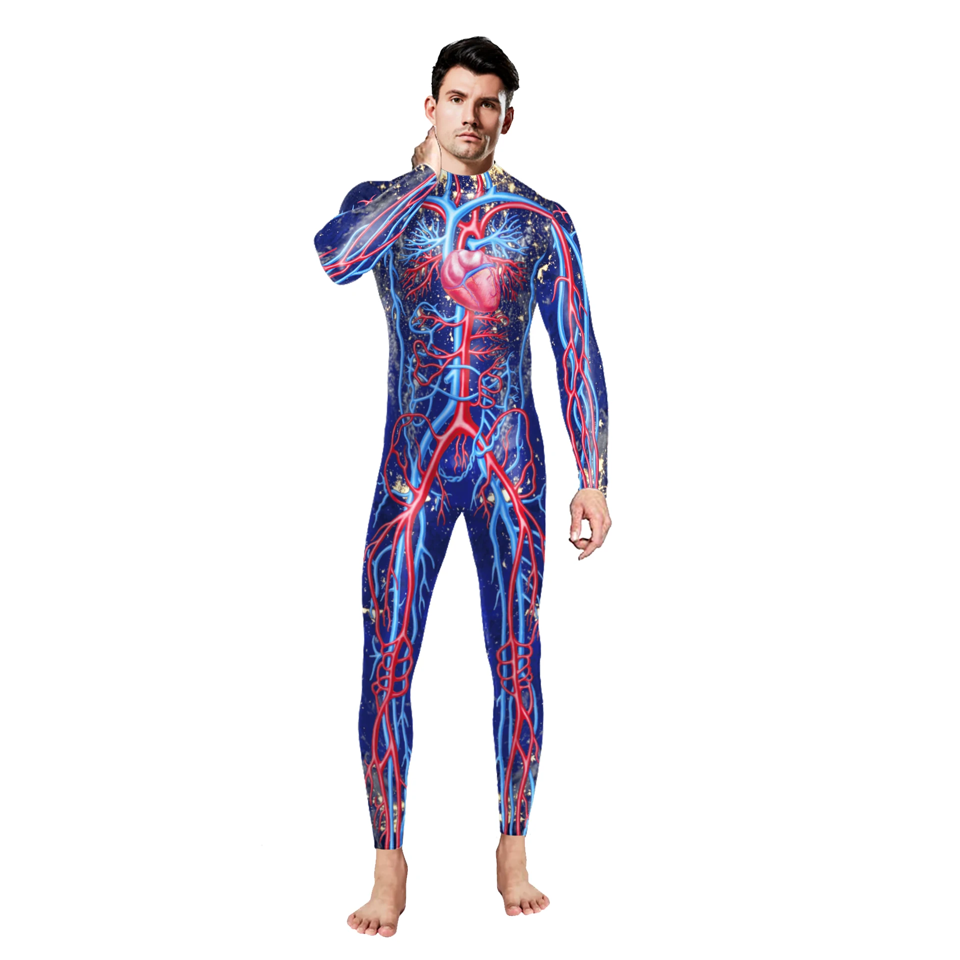 Macacão Vascular Padrão Vascular para Adulto, Fantasia Festa Halloween Bodysuit, Carnaval Terror Catsuit, Traje Cosplay Manga Longa