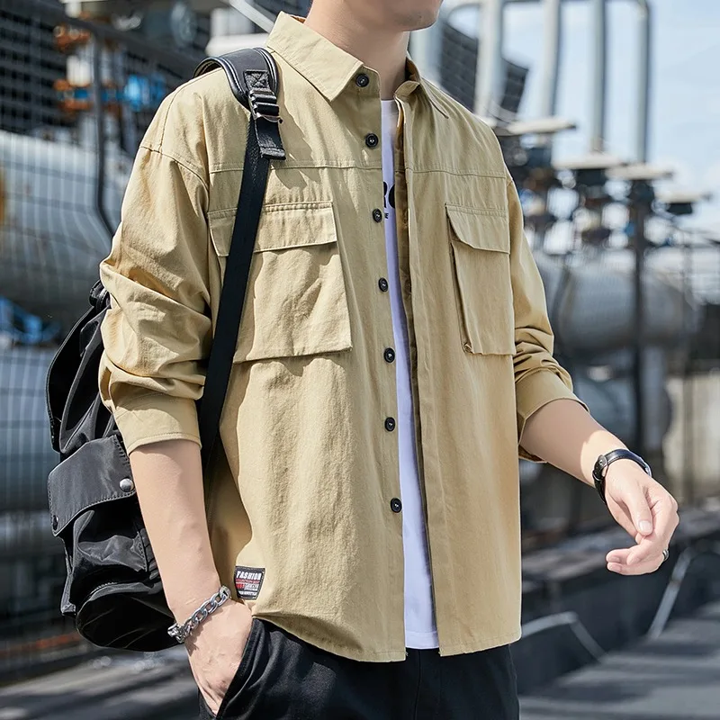 قميص رجالي جديد بجيب مزدوج بأكمام طويلة، ملابس عمل فضفاضة، كاجوال ومتعدد الاستخدامات، سترة برقبة مربعة وسيم وعصري للرجال #4