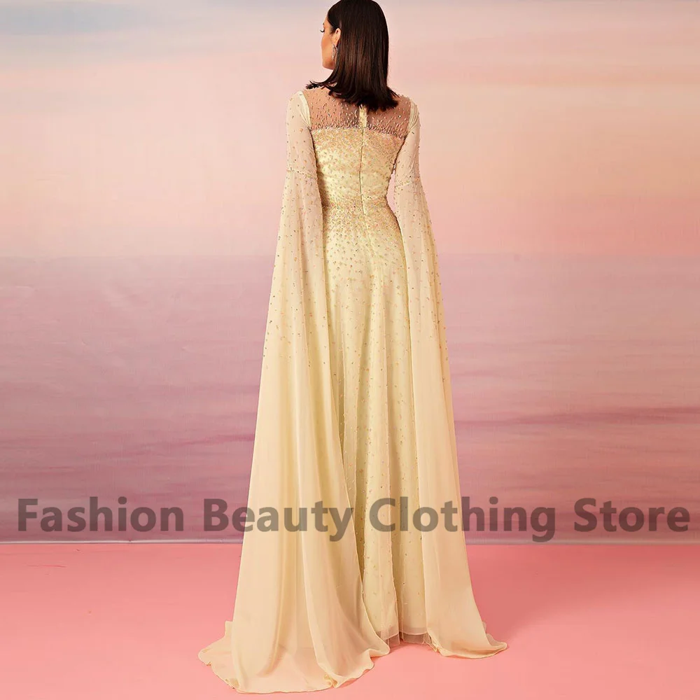 Exquisite Chiffon فساتين الحفلات Crew-Neck Draped With Beading Back Zipper Elegant Women\'s Sweep Train Robes De Soirees Dubai