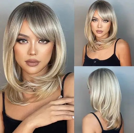 

Synthetic Wigs with Bangs Brown to Blonde Medium Length Straight Wigs for Women High Temperature Daily Use Wig