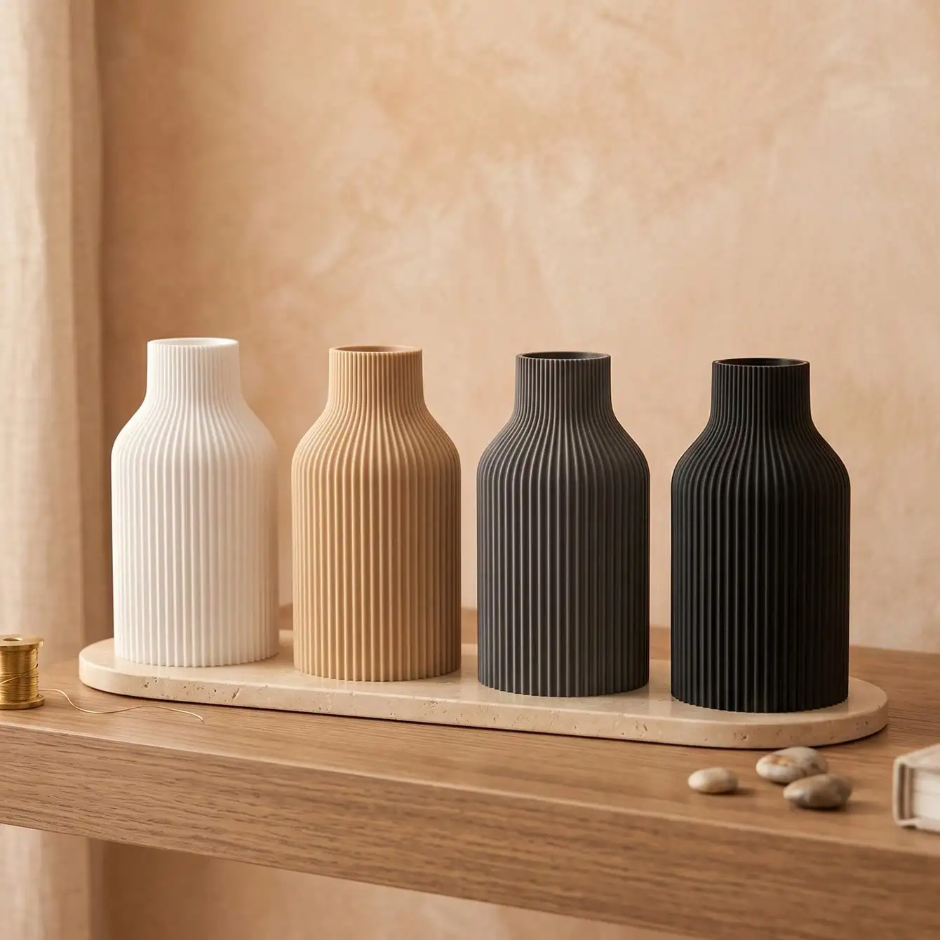1pc Modern Minimalist Aesthetic Matte Plastic Flower Vase, Neutral Black Gray White Beige Vertical Ribbed Cylindrical Decorative