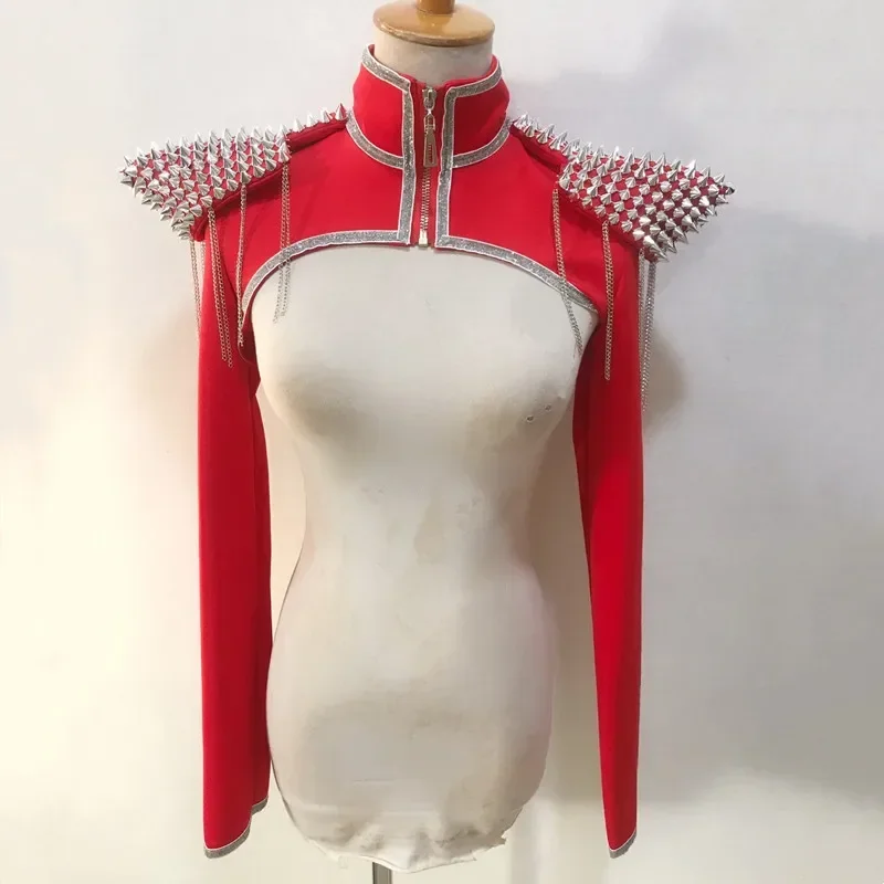 Women Jazz Dancer Singer Rivet Armor Waistcoat Stage Performance Accessories Black Red Rivet Shoulder Pads Vest Dance Costume