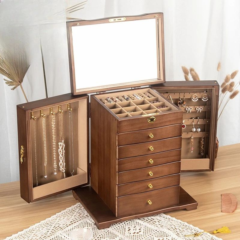 صندوق مجوهرات من الخشب الصلب، صندوق مجوهرات خشبي صيني عالي الجودة بسعة كبيرة، صندوق تخزين مقفل متعدد الطبقات لحفلات الزفاف.