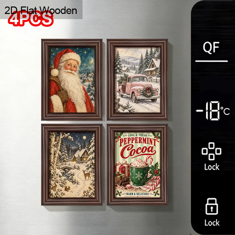 4Pcs Wooden Fridge Magnets Set Vintage Christmas Decor Santa Claus Pink Truck Snowy Cabin Peppermint Cocoa Winter Theme