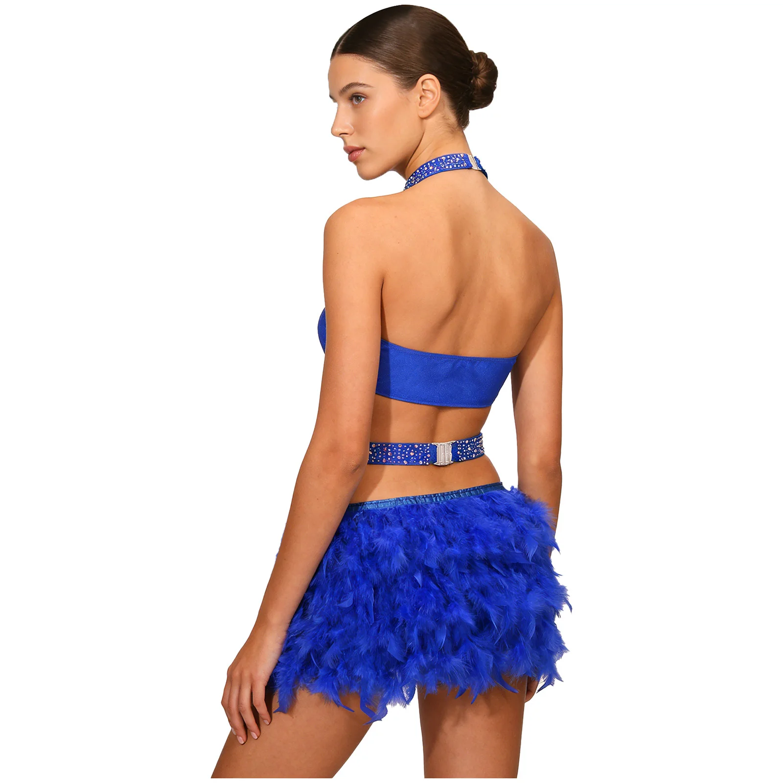 Mulheres latina rumba samba trajes de dança espanhola brilhante strass bodysuit com detalhes de penas falsas halter sem mangas collant