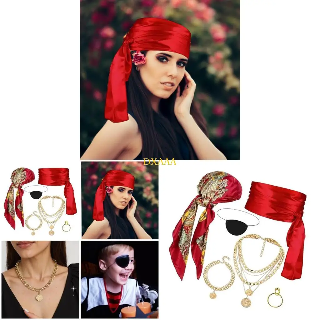 DXAA Women's Pirate Costume Accessories Set Includes Headscarf Necklace Bracelet Eye Patches Waist Belt for Women Men Cosplay