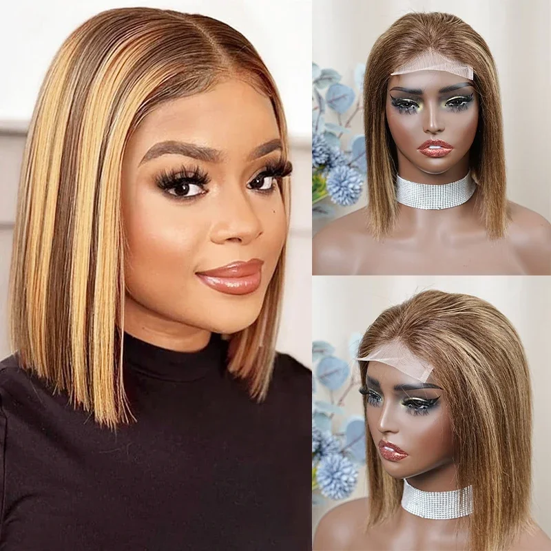 

100% Human Hair P4/27# 4x4inch Lace Frontal Wigs Pre Plucked Natural Hairline Wigs 150% Density Short Straight Bob Wig