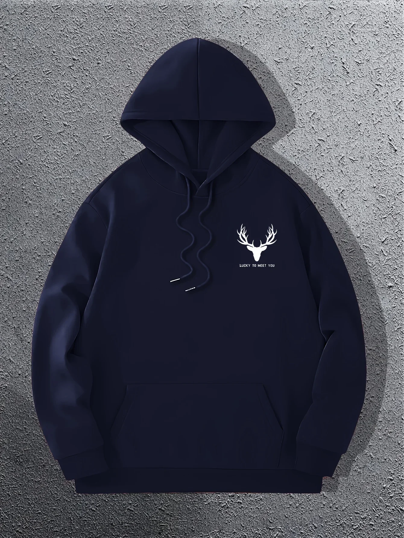 Deer Head Lucky To Meet You Graphic Sweatshirt Men Simple Streetwear Oversized Loose Fit Long Sleeve Hooded Pullover Tops