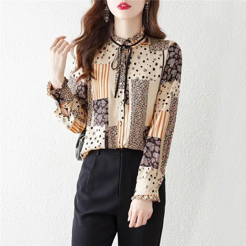 Spring Autumn New Round Neck Long Sleeve Fashion Shirt Women Casual Printing Button Lacing Cardigan Edible Tree Fungus Chic Top