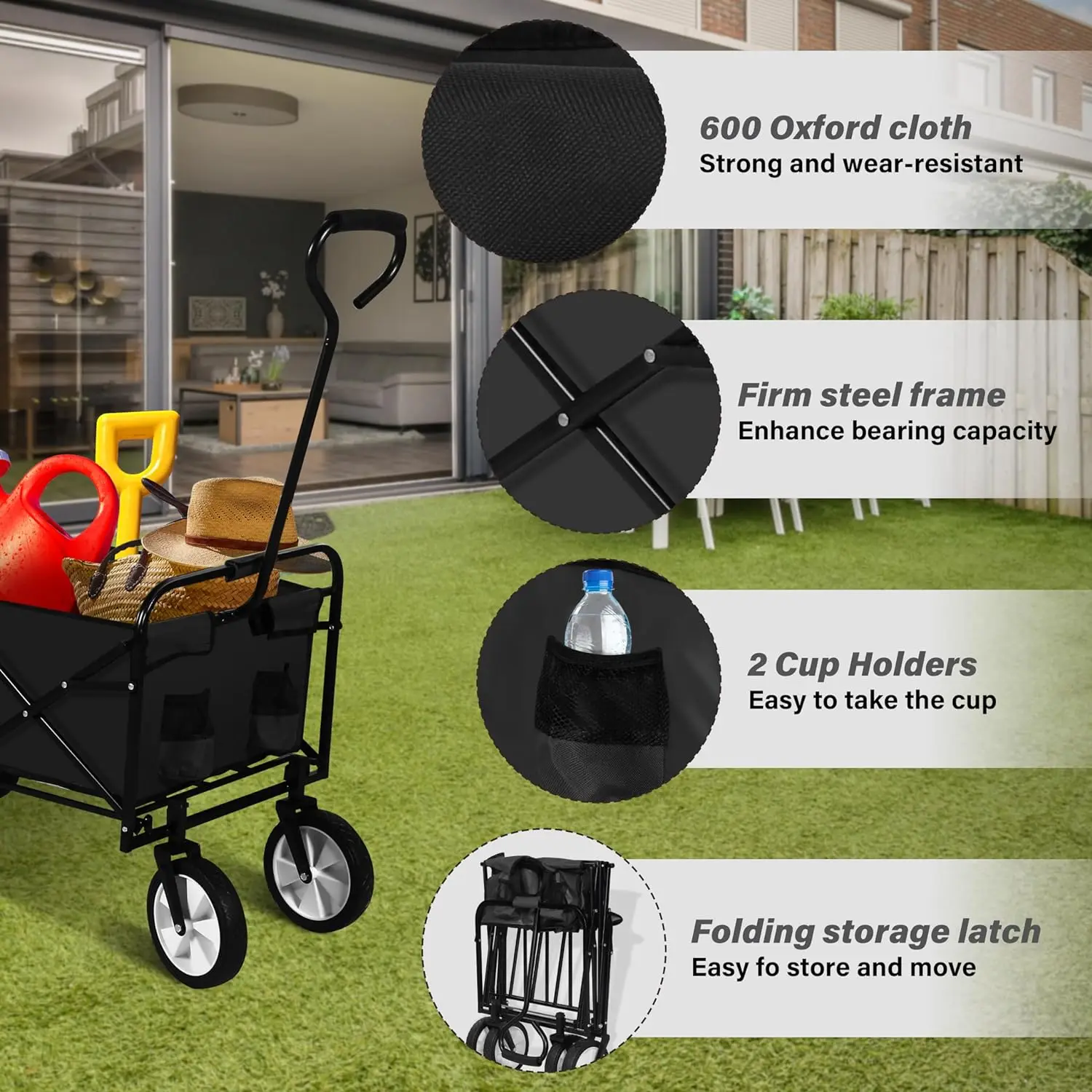 

Folding Garden Cart PRO Collapsible Wagon with 360 Degree Swivel Wheels & Adjustable Handle Black 220lbs Weight Capacity