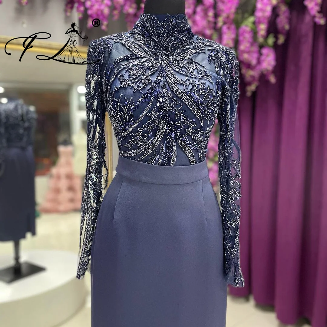 Elegant Mother of The Bride Dresses High Neck Long Sleeves Beaded Embellished Sheath Customized Dresses Robes Invitée Mariage