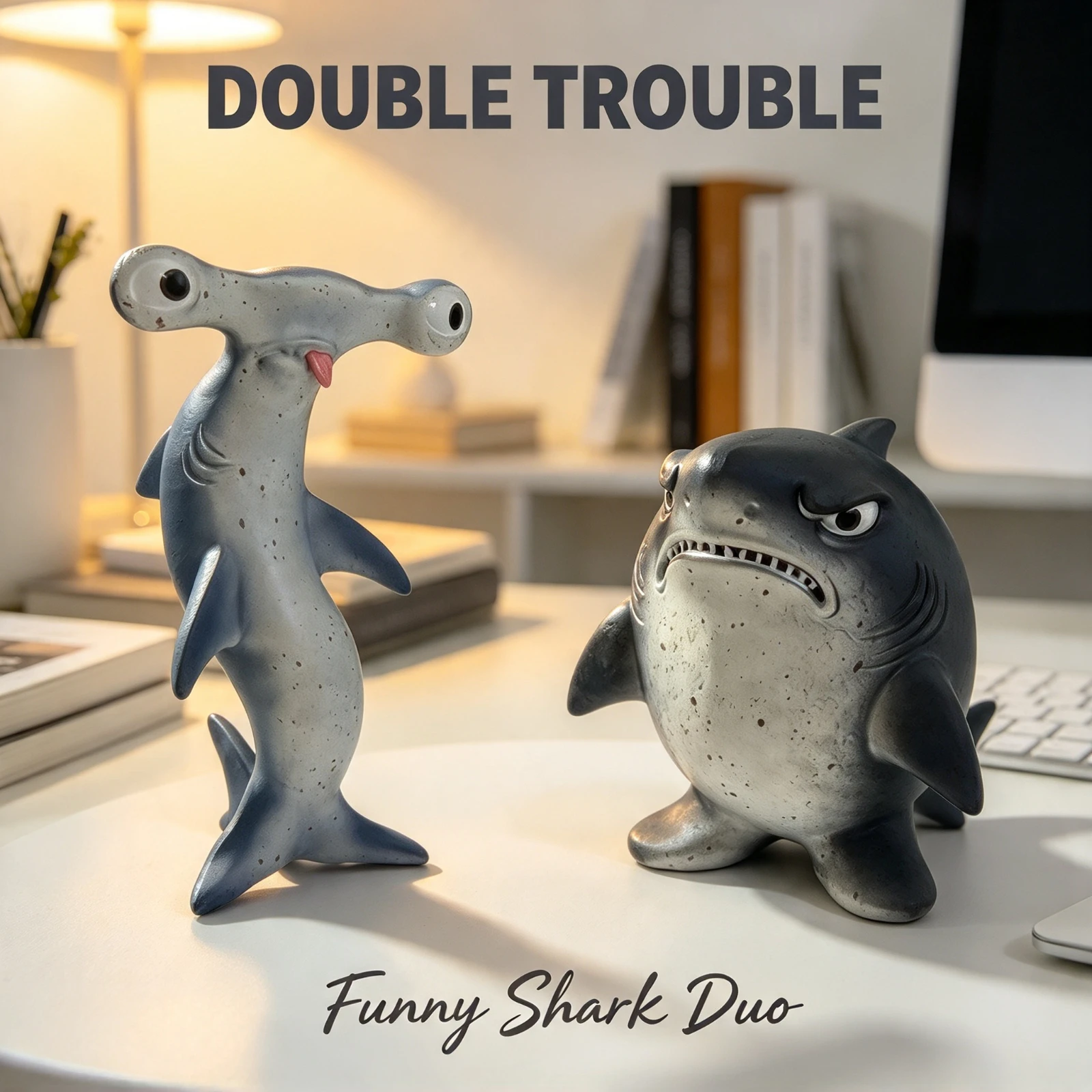Funny Chaos Regret Shark Pair, Set Cute Hammerhead And Grumpy, Shark Figurine Desktop Ornament Home, Decor Gift For Kids Adults