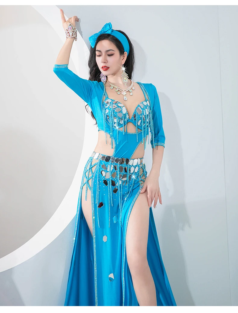 5 Pcs Set Women Belly Dance Sequins Costume Baladi Dress Saidi Dress Girls Bellydance Folk Dance Outfit Shiny Bra Skirt Overcoat