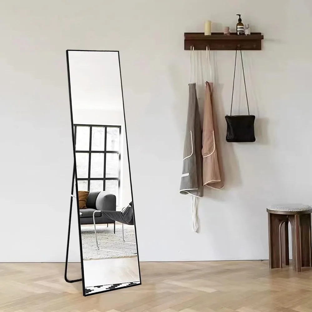 Espejo de pie con marco delgado de aleación de aluminio para dormitorio, longitud completa, cuerpo completo, piso, sala de estar, 59 "X16", negro