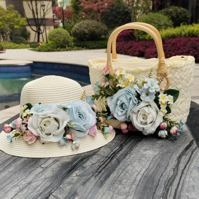 Women Rattan Bags 2022 NEW Luxury Straw Bag Summer Luxury Beach Totes Ladies Handmade Blue Flower Travel Basket with Sun Hat