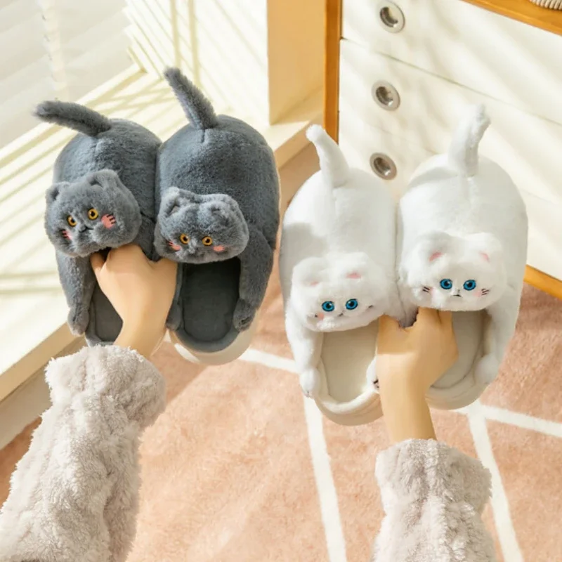 Winter Women\'s Slippers Holding Cat Cartoon Cute Home Cotton Slippers Winter New Soft Sole Thickened Warm Couple Plush Shoes