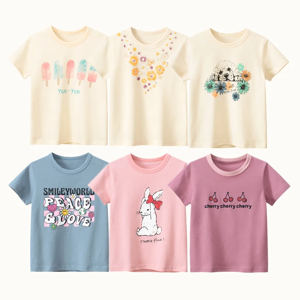 

2023 Children Girls Cartoon Short T-Shirts Clothes 100% Pure Cotton Short Sleeve Rabbi Flower Print Kids Casual Sport Top Tees