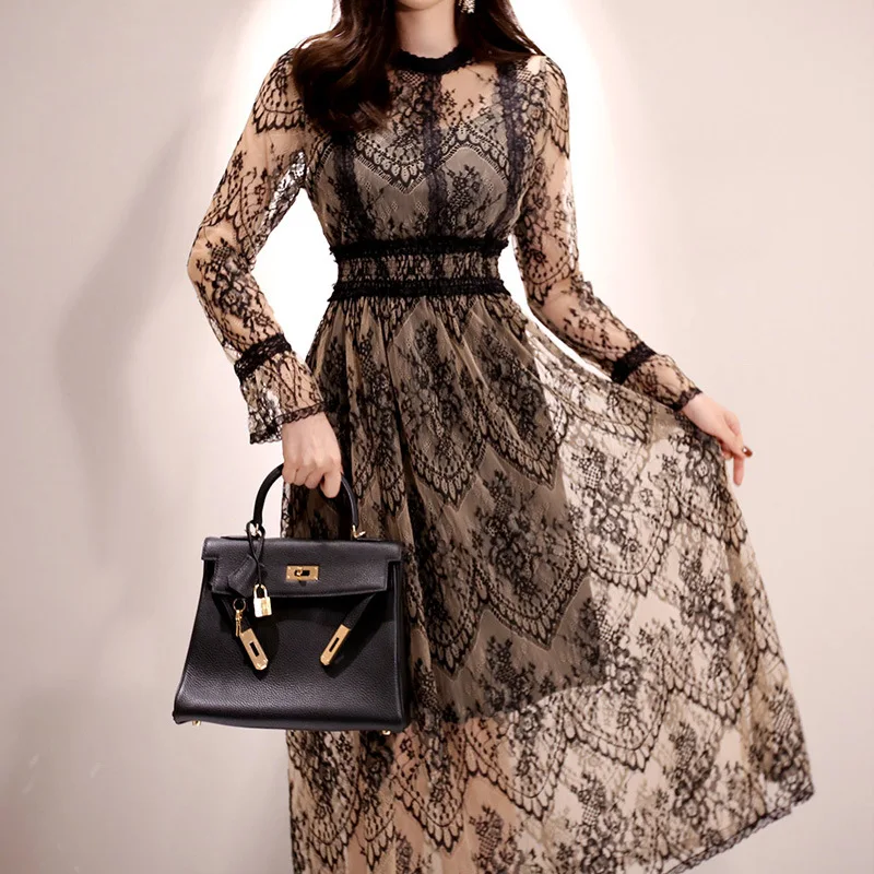 Spring Autumn and Summer Ladies' Temperament Perspective Lace Waist and Large Swing Medium Length Dress for Women