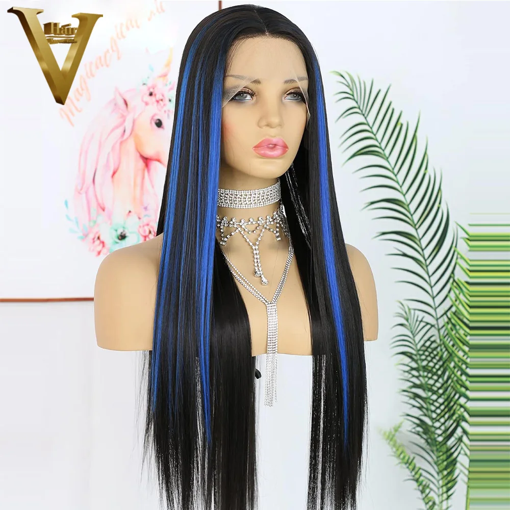 13×4  4×4 Straight Highlight Black With Blue Wig For Women Brazilian Virgin Human Hair Wigs 13×6 HD Transparent Lace Front Wig