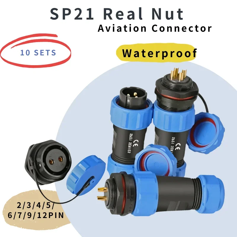 10sets SP21 Rear Nut IP68 2/3/4/5/7/9/12PIN Waterproof Connector Male Plug & Female Socket Panel Mount Wire Cable Connectors