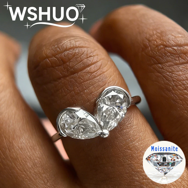 

WSHUO 3cttw Pear Cut Moissanite Ring for Women 2 Gems Water Drop Diamond S925 Sterling Silver Wedding Ring Fine Jewelry Gift