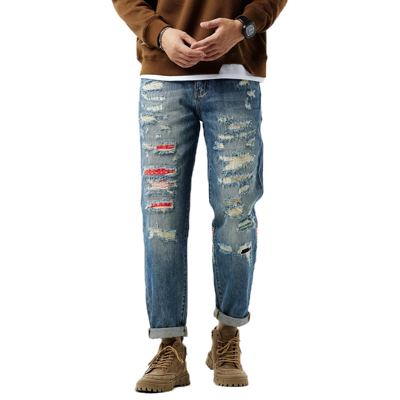 

BGC9710 Tide with the same American heavy denim jeans broken holes patches do old hip-hop loose tapered trousers