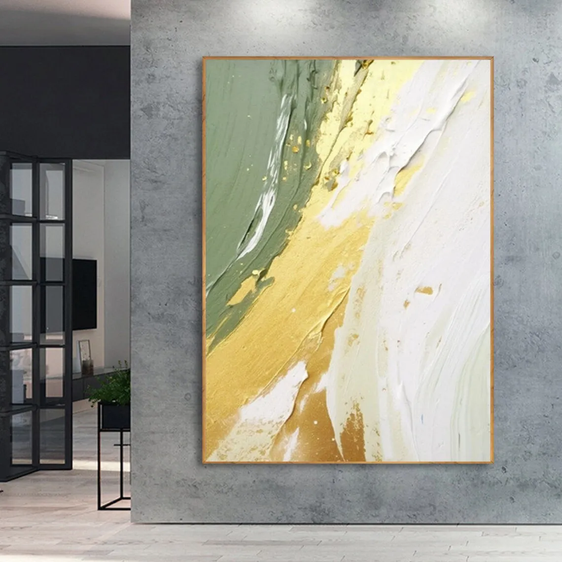 

Gold Abstract Handmade Painting Minimalist Beach Painting Seascape Art Green Ocean Wave Painting on Canvas Wall Art Living Room