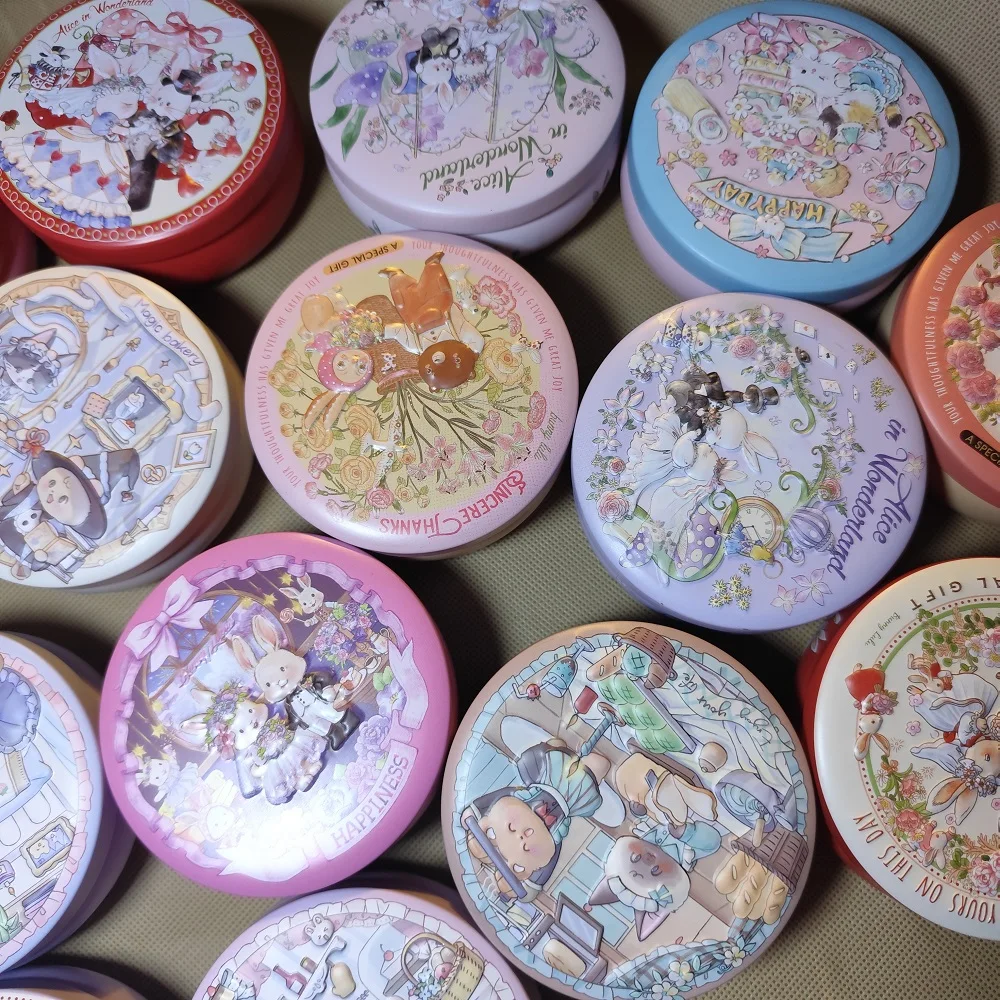 

2PC Rabbit Theme Dessert Tin Storage Box Small Round Seal Tea Cans Girls Jewelry Case For Kids Candy Packaging Gift Decor Box