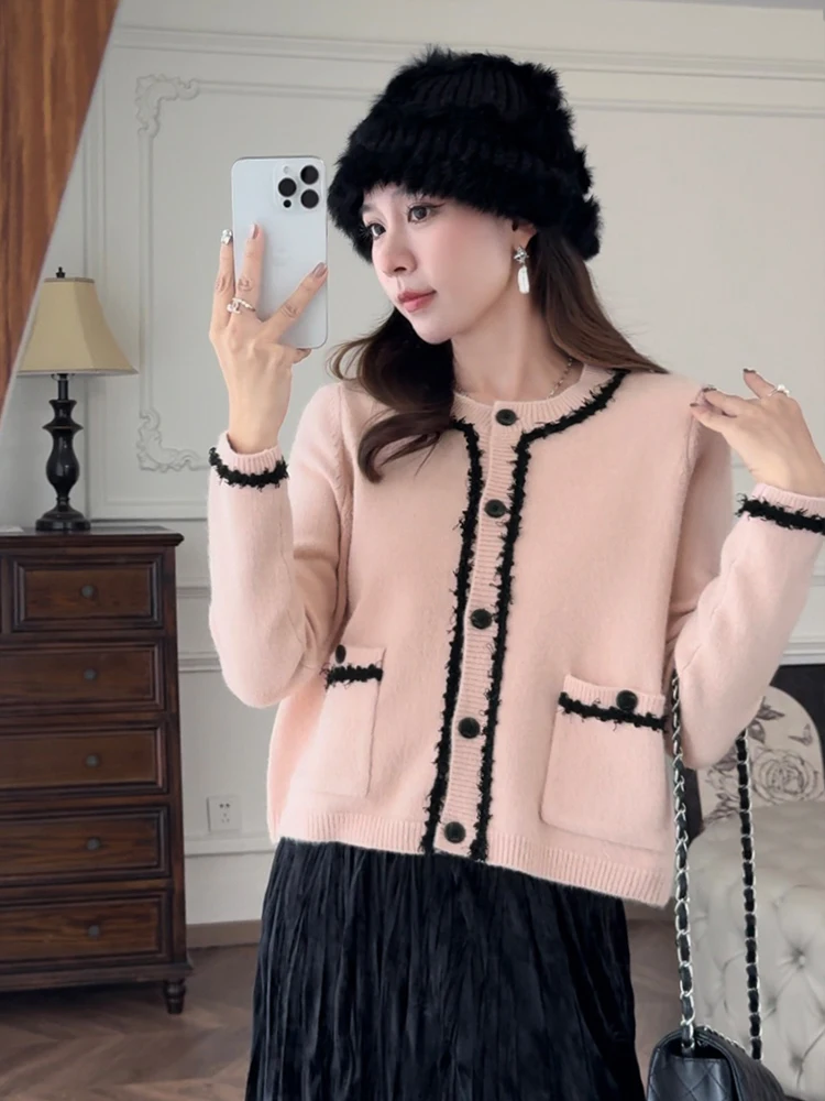 

Zhang ei Knitted Open Cardigan round Ne Color Blo Contrast White Enhancing Pink Spring Autumn Season Korean Sle Loo...