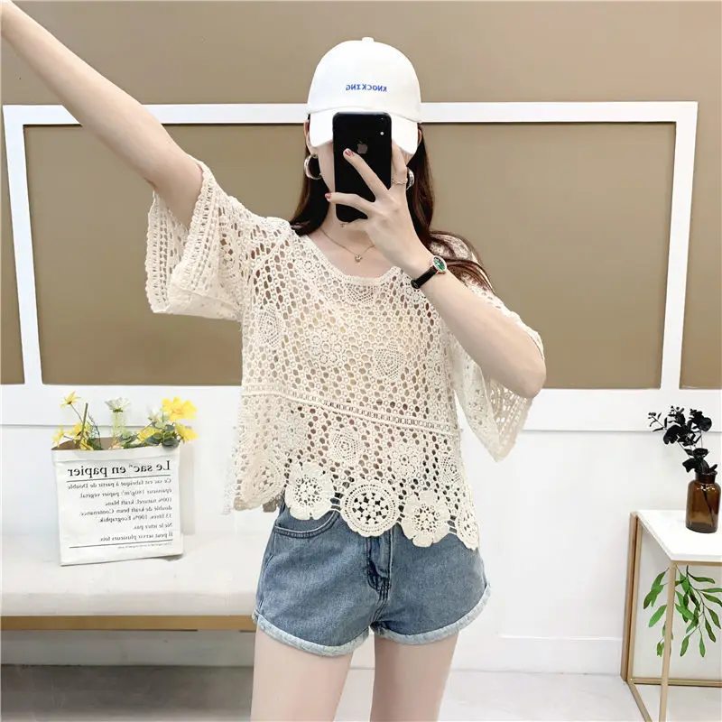 Summer Fashion New Round Neck Five-point Sleeve Pullover Handmade Sweater Korean Version Knitted Hollow Solid Color Top Female