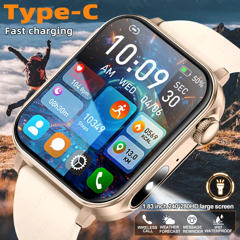 

LIGE Type-C Fast Charging Smart Watch Women Men Bluetooth Call Watches LED Flashlight Waterproof Sport Fitness Smartwatch Ladies