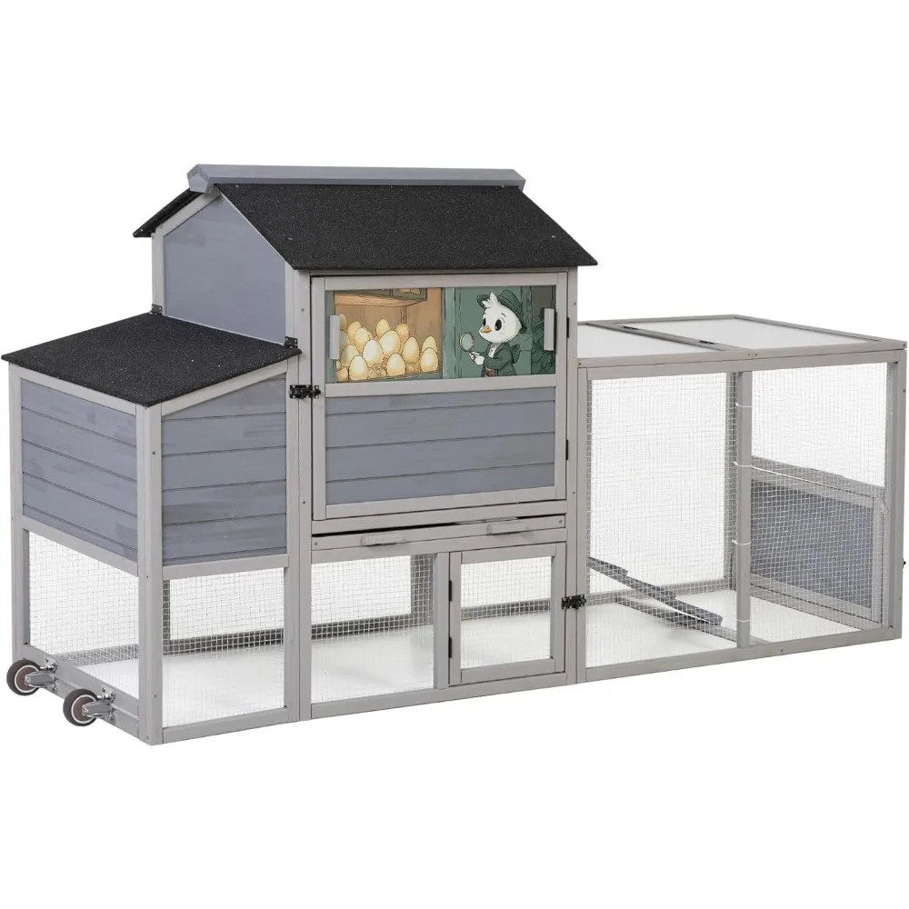 

82" Large Wooden Chicken Coop, Outdoor Rabbit Hutch with Wheels, Sunshine Board, Asphalt Roof, Ramp, Openable Top, Door, Window