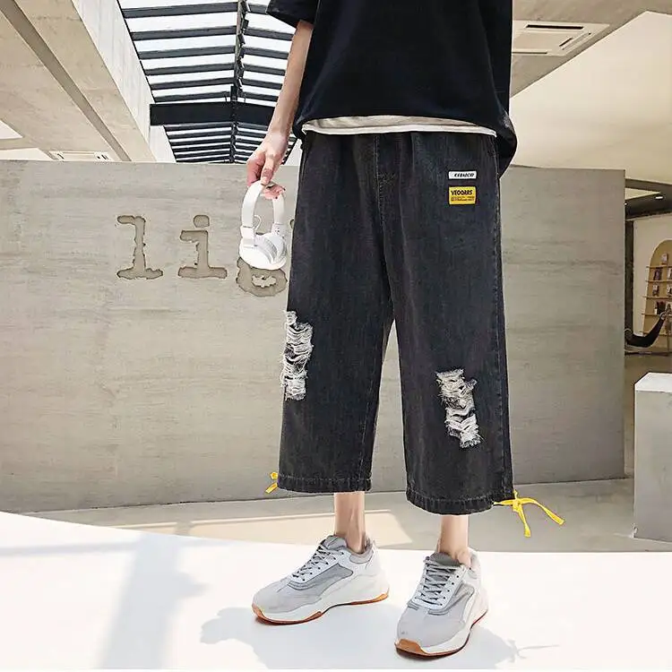 Hip Hop Ripped Denim Cropped Pants Streetwear Men Vintage Destroyed Hole Baggy Jeans Pants Summer Drawstring Loose Shorts