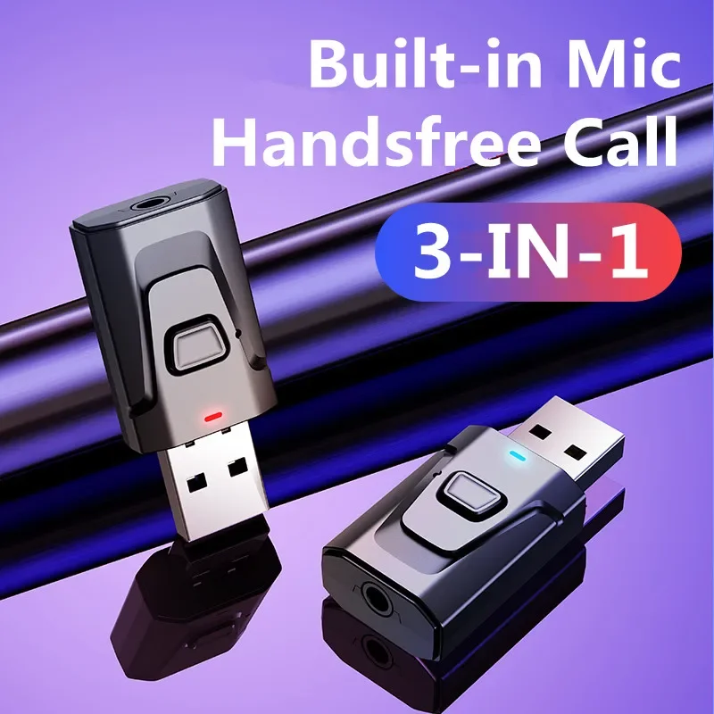 USB Bluetooth 5.0 Transmitter Receiver Mic 3 in 1 EDR Adapter Dongle 3.5mm AUX for TV PC Headphones Home Stereo Car HIFI Audio