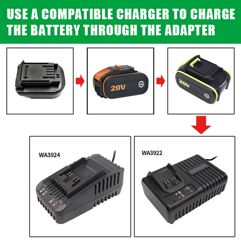 Li-ion Battery Converter for Worx 4Pin Orange To Worx 5 Pin Green 20V Lithium Battery Adapter Replacement Power Tool Converter