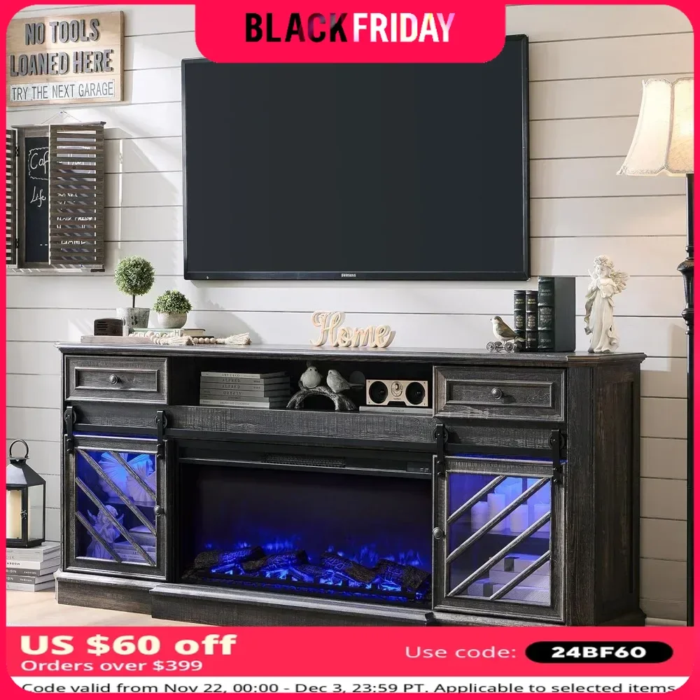 TV Stand for 85 Inch TV Modern Media Console with Drawers Storage & 36” Electric Fireplace 32” Tall Highboy Entertainment Cente