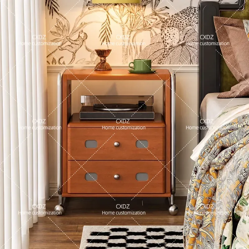 Retro Solid Wood Bedside Table with Stainless Steel Accents Medieval Style Nightstand Storage Cabinet for Bedroom Living Room