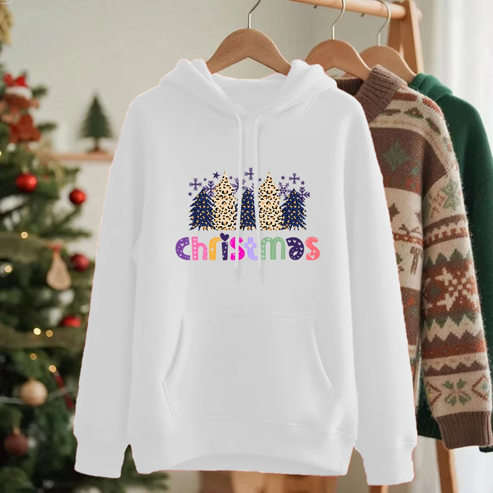 

Толстовки с принтом леопардовых деревьев и Рождеством, женские повседневные свободные толстовки, зимний флисовый теплый пуловер, базовая одежда с карманами