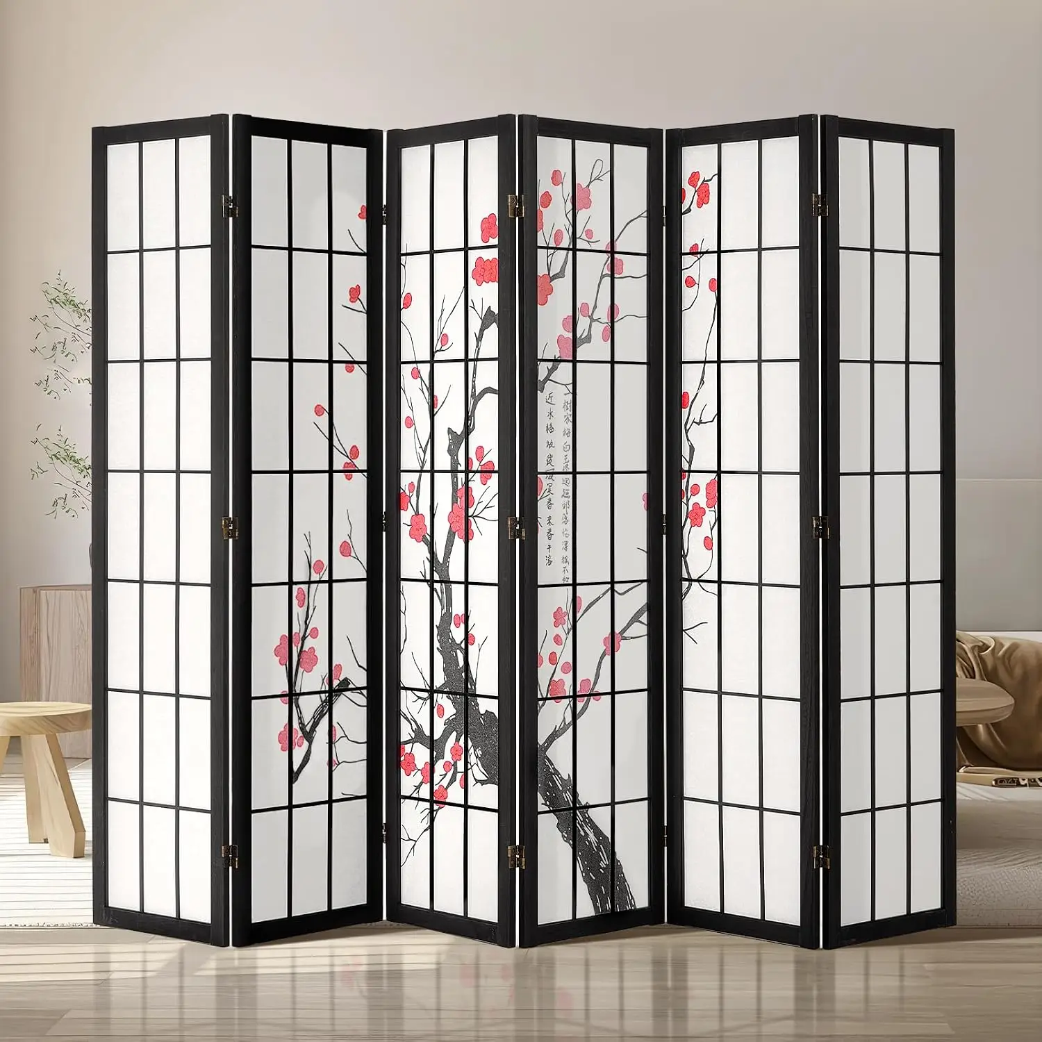 Foldable Japanese Wood Room Divider Privacy Screen, 6 Panel Portable Partition Wall Panel For Home Office And Bedroom, Freestanding Symmetrical Grid Space Separator, Zen Style Natural Finish