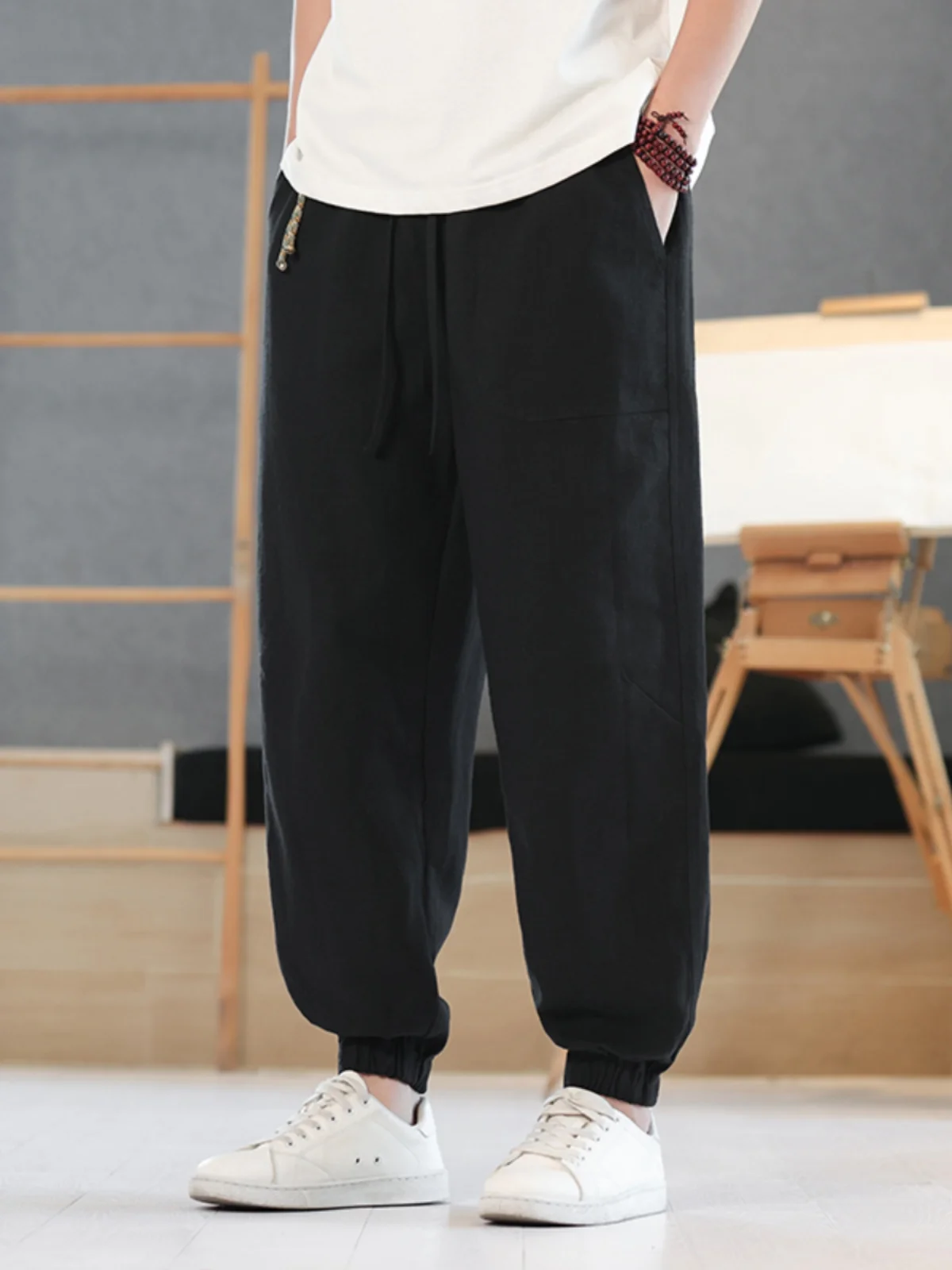 

Linen Cotton Loose Fit Summer Casual Pants Men's Wide Leg Lantern Sle Thin Breathable Comfortable Loose Elastic Waist