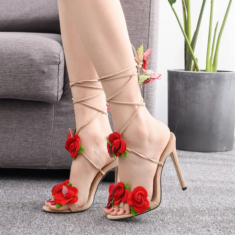 2024 New Satin Rose High Heel Cross Straps Round Head Fine Heel Super High Heel Large Size Strappy Women\'s Sandals Wedding Shoes