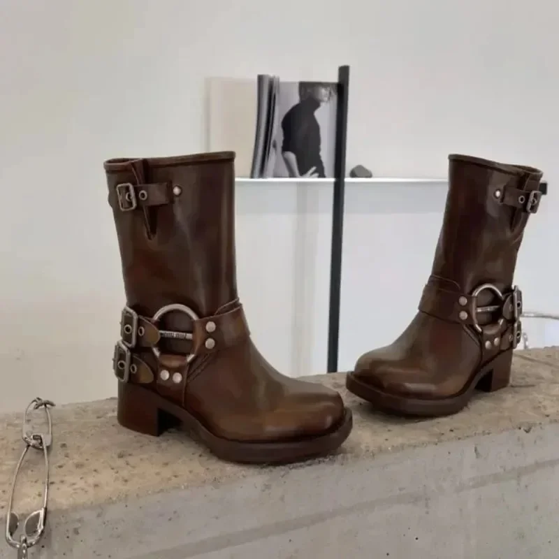 

Genuine Leather Thick-heeled Less Than Knee Length Old High-heeled Boots Top Layer Cowhide Knight Boots Women Shoes