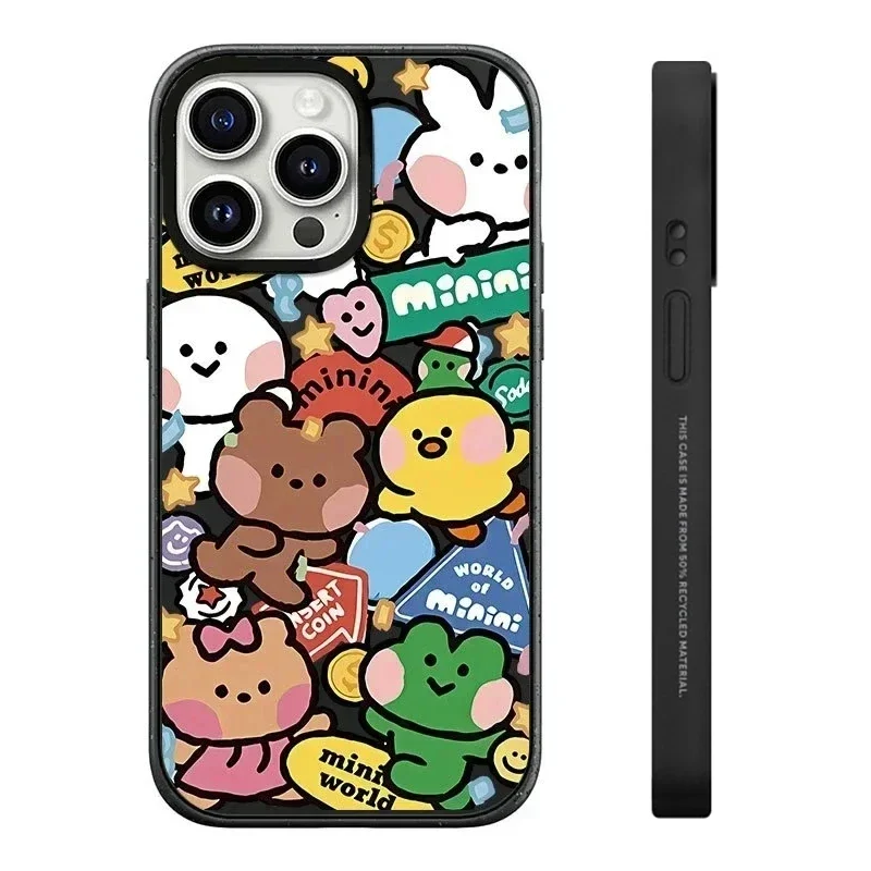 

Black Frosted Cartoon Animals Pattern iPhone 13 14 15 16 Pro Max Protective Case