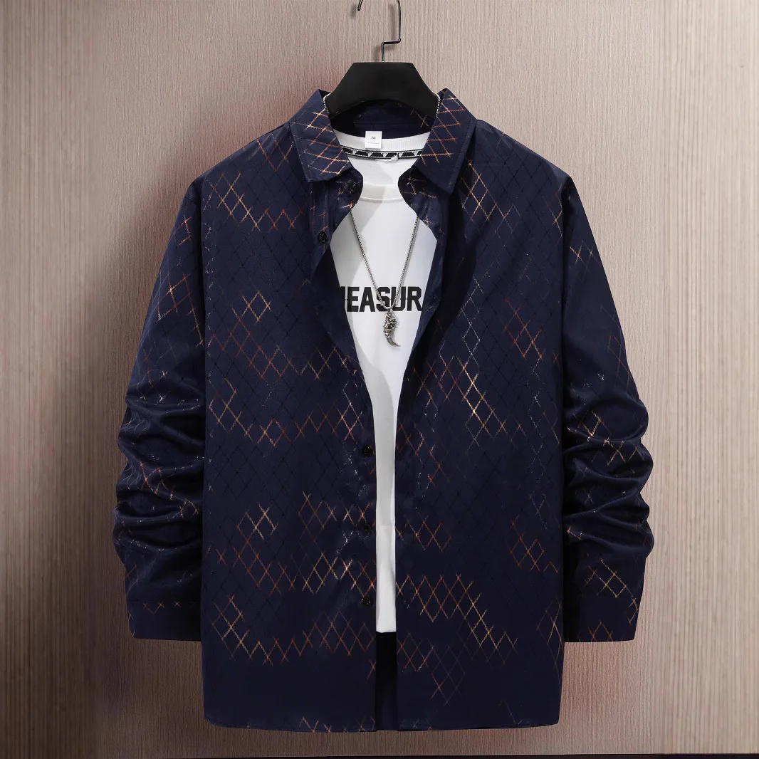 Spring and autumn new men's casual long sleeve cardigan fashion lapel hot gold printing comfortable long sleeve single breasted