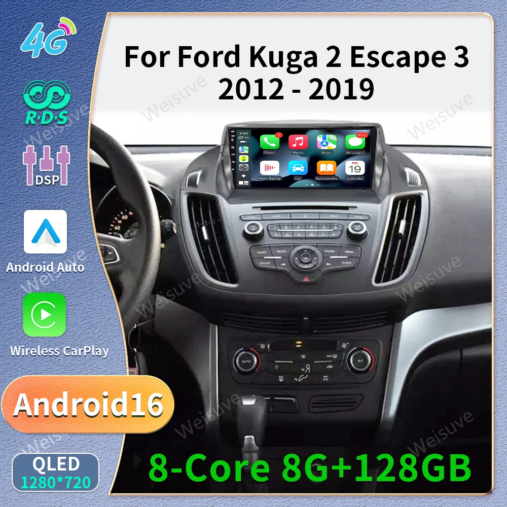 Android 16 Car Radio For Ford C-MAX Kuga 2 Escape 3 2012 - 2019 4G LTE QLED GPS BT Wireless Carplay Auto Head Unit Navigation