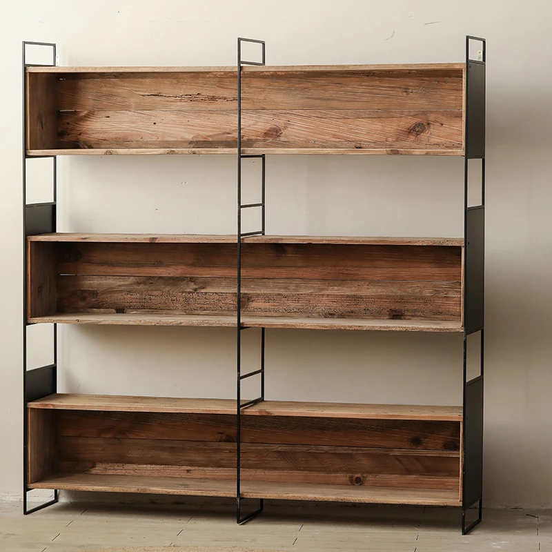 

Old pine three-compartment bookcase, wabi-sabi style, large wrought iron solid wood storage cabinet, vintage log floor-to-ceilin