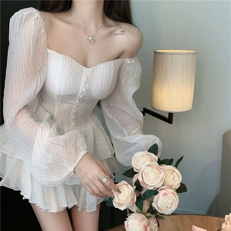 Size L / 4XL mini white dress Women summer chic hotfix chiffon princess dress girls sweet Lolita lantern sleeves dress Black