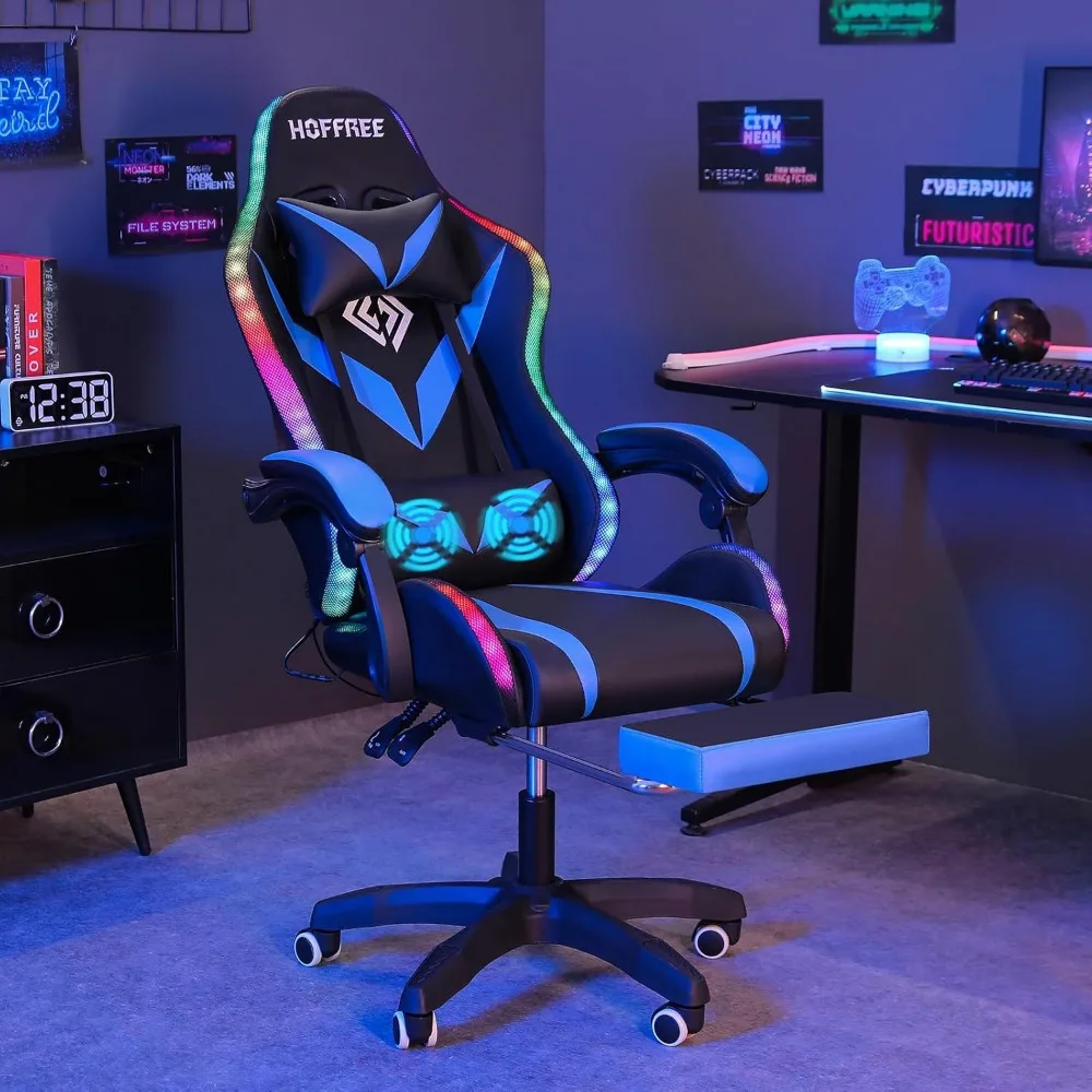 

Gaming Chair with LED RGB Lights Massage Video Gamer Chairs with Footrest Ergonomic High Back Reclining Computer Chair with Adju