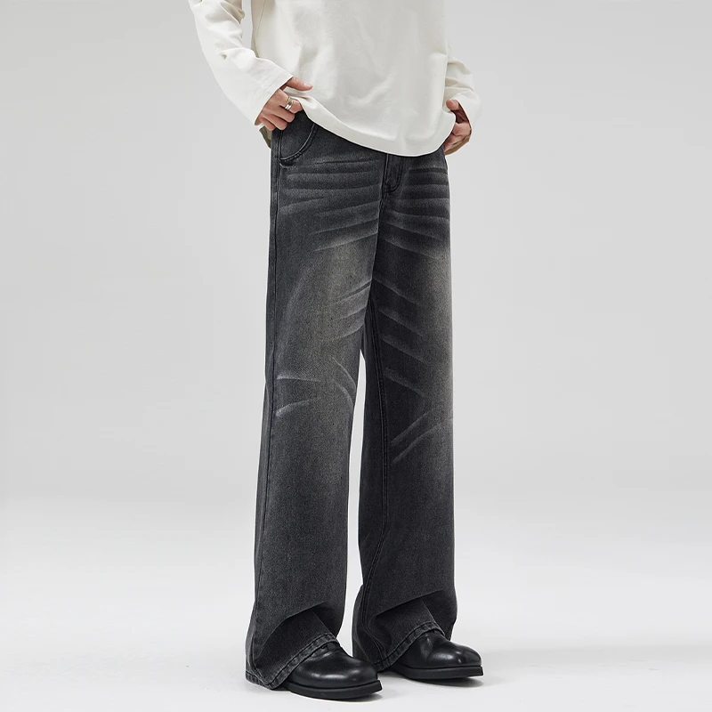 الخريف Harajuku الرجال الجينز مستقيم موضة شخصية غسل خمر بنطلون الشارع الشهير ضئيلة الذكور واسعة الساق الدنيم السراويل